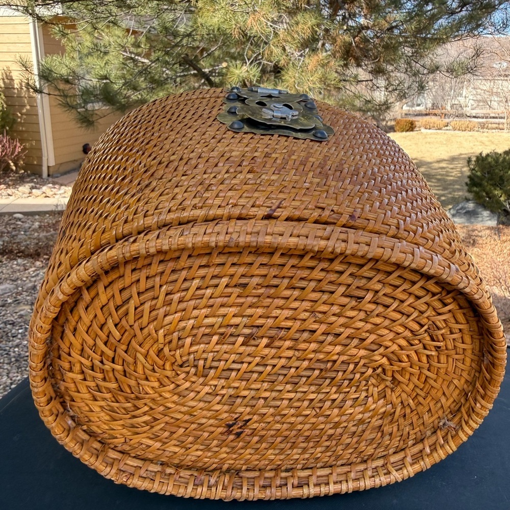 Chinese Wicker Travel Basket for Teapot and Cups Padded Green VelvetFabric Liner - Picture 9 of 10